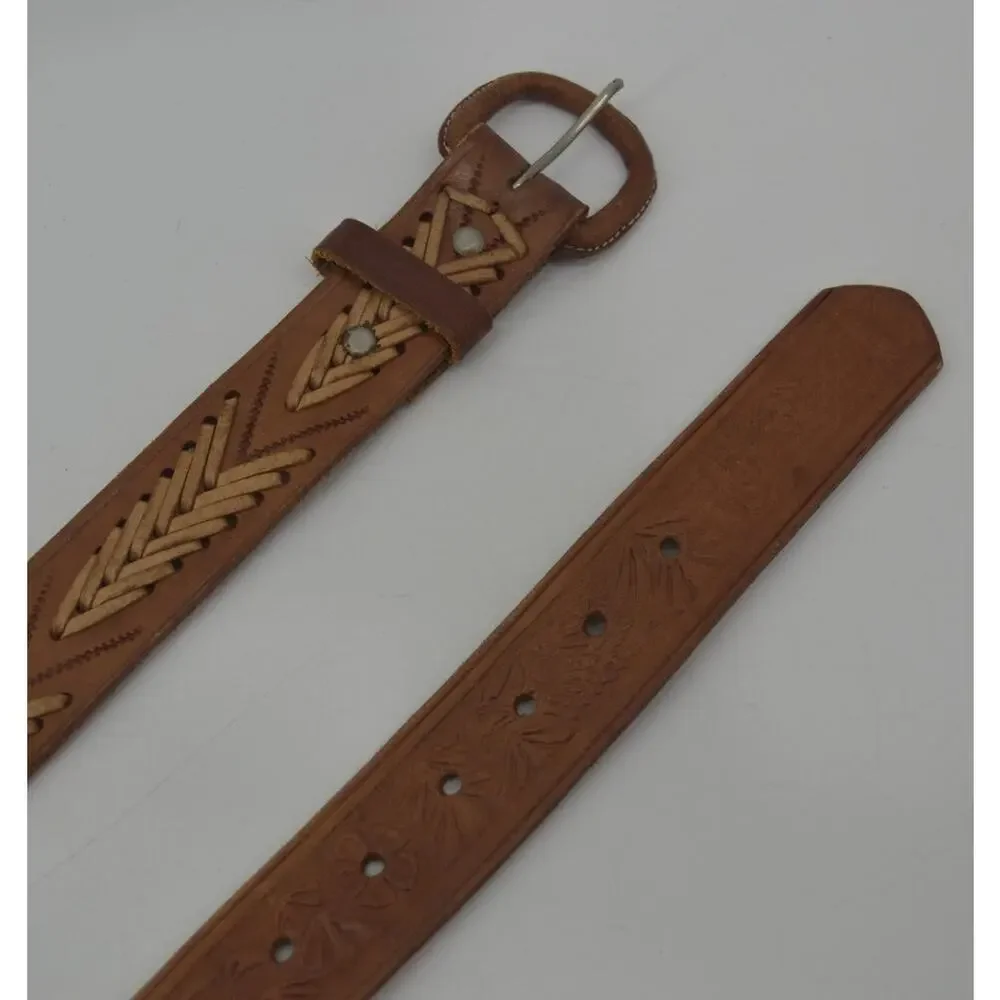 Western Brown Leather Belt Tooled Cowgirl Sz Small Festival